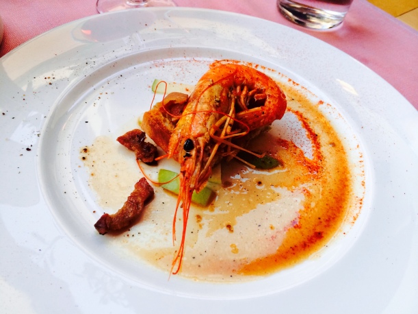 A stunning start: Tiger prawn with pancetta and sliced green apple on toast